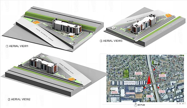 The image shows three 3D aerial views of a building and a map with surrounding area. Each view provides a different perspective and detail.