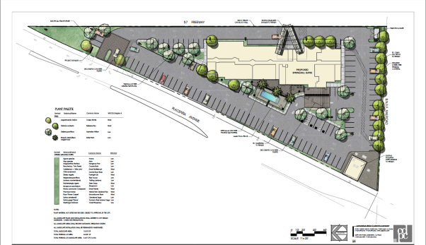 The image displays a site plan of a building with surrounding landscaping, parking spaces, and plant species labeled.