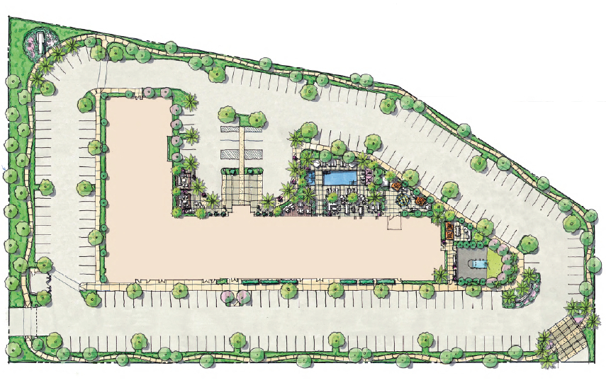 This image shows a landscape architectural site plan with parking spaces, pedestrian pathways, and green spaces, including a pool area and other amenities.